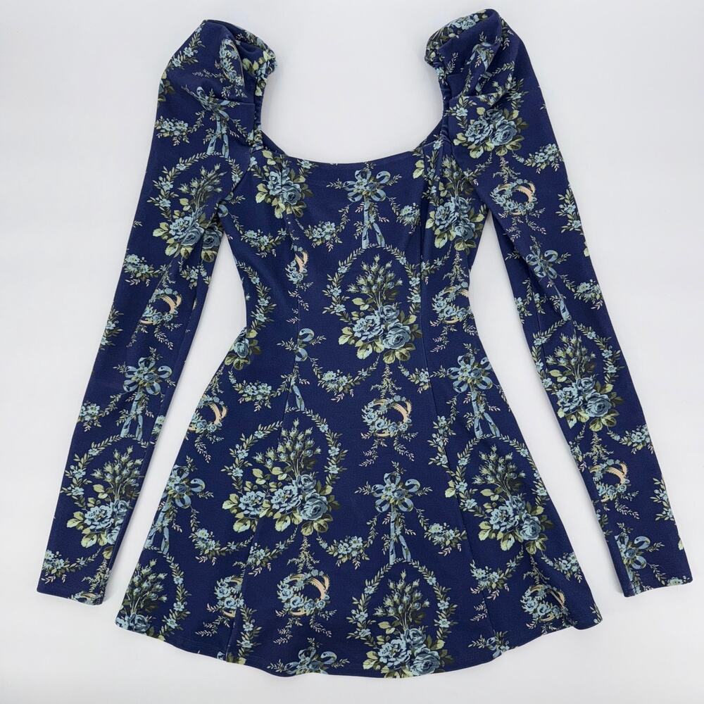Selkie London Blue Cassiopeia Floral Puff Shoulder Long Sleeve Mini Dress Sz S
